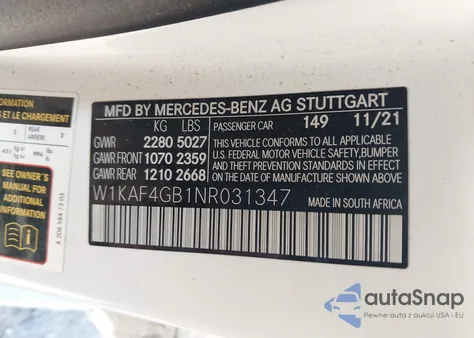 2022 Mercedes-Benz C 300 Sedan z USA, uszkodzony, nr VIN W1KAF4GB1NR031347